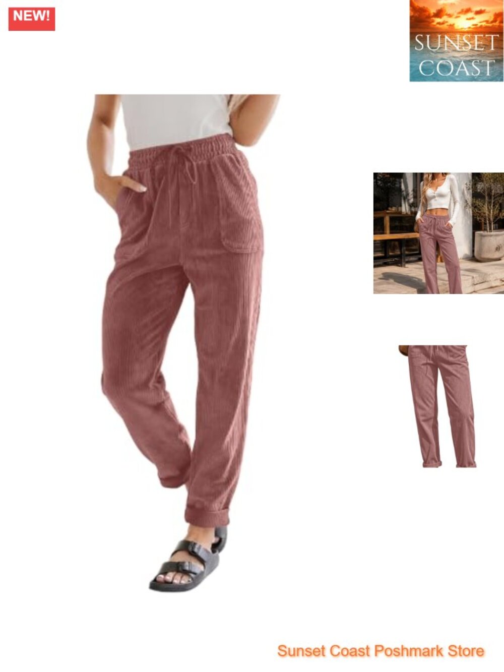 High Waist Corduroy Tapered Pants Elastic Drawstring Pockets